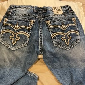 Rock Revival Men's Tucker‎ Boot Jeans Size 33 Leather Patch Thick Stitch $220